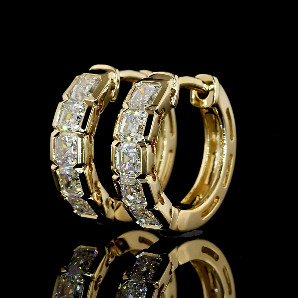 14K Yellow Gold Asscher Cut Diamond Huggie Earrings with Half Bezel Setting - 1.01 Carat Total Weight, E-F Color, VS+ Clarity - Covaloro Fine Jewelry - Image 3