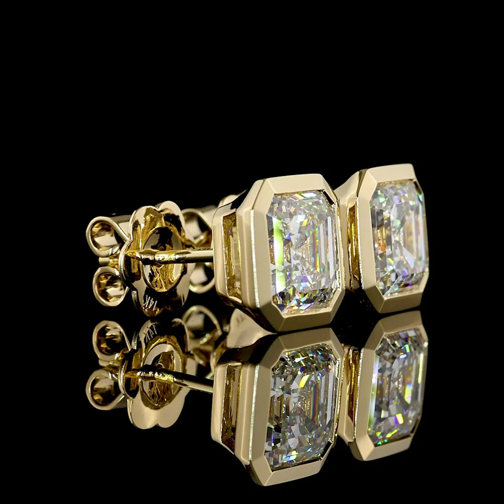 14K Yellow Gold Asscher Cut Lab Diamond Bezel Set Stud Earrings - 4.09 Carat Total Weight, E-F Color, VVS2 Clarity - Covaloro Fine Jewelry