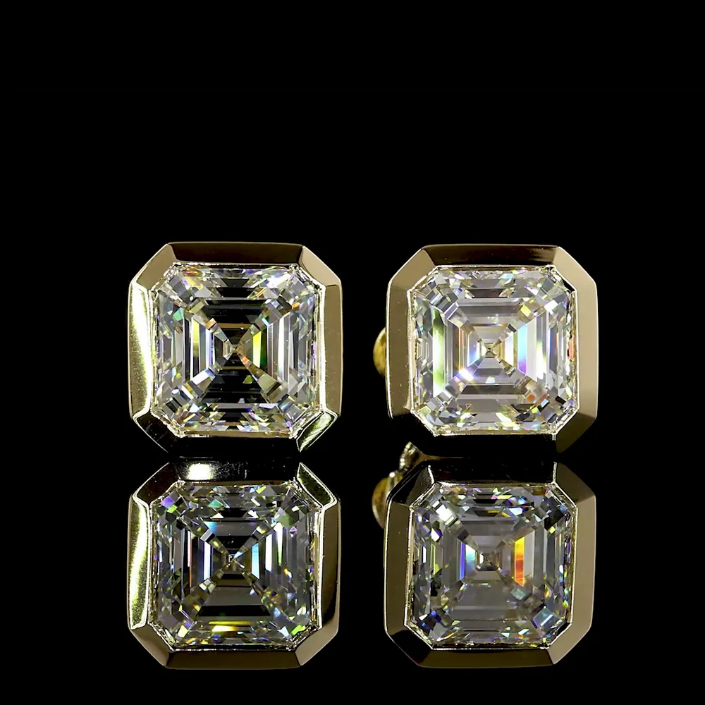 14K Yellow Gold Asscher Cut Lab Diamond Bezel Set Stud Earrings - 4.09 Carat Total Weight, E-F Color, VVS2 Clarity - Covaloro Fine Jewelry - Image 2