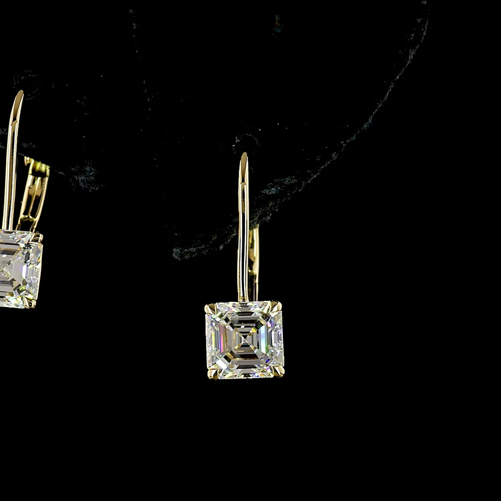 14K Yellow Gold Asscher Cut Lab Diamond Hanging Earrings with Brilliant Cut Accents - 3.17 Carats Total Diamond Weight - Covaloro Fine Jewelry - Image 2