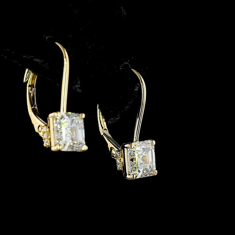 14K Yellow Gold Asscher Cut Lab Diamond Hanging Earrings with Brilliant Cut Accents - 3.17 Carats Total Diamond Weight - Covaloro Fine Jewelry - Image 4
