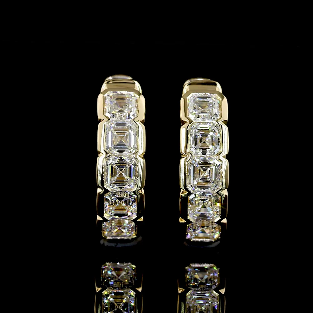 14K Yellow Gold Asscher Cut Lab Diamond Huggie Earrings - 1.00 Carats Total Diamond Weight with Half Bezel Setting and Hinge Back - Covaloro Fine Jewelry - Image 2