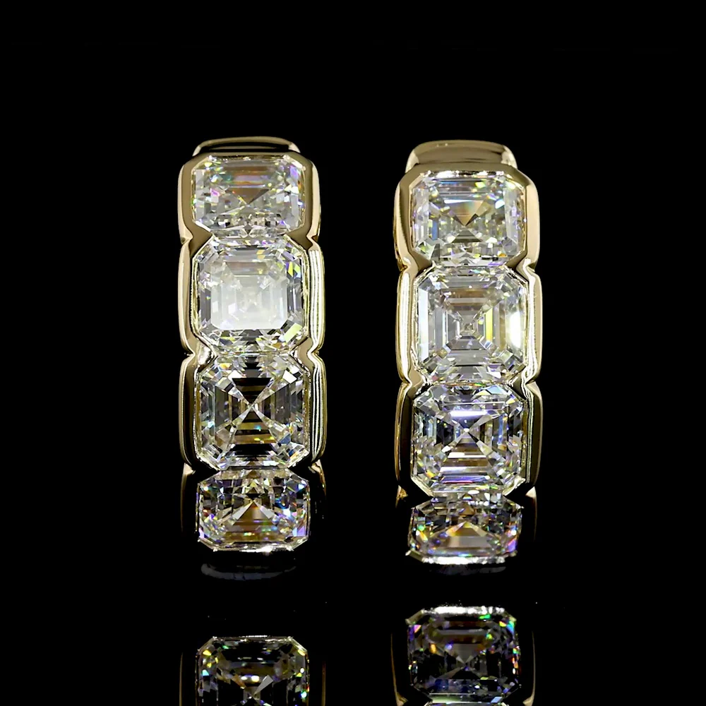 14K Yellow Gold Asscher Cut Lab Diamond Huggie Earrings in Half Bezel Setting - 2.02 Carats Total Diamond Weight - Covaloro Fine Jewelry - Image 2