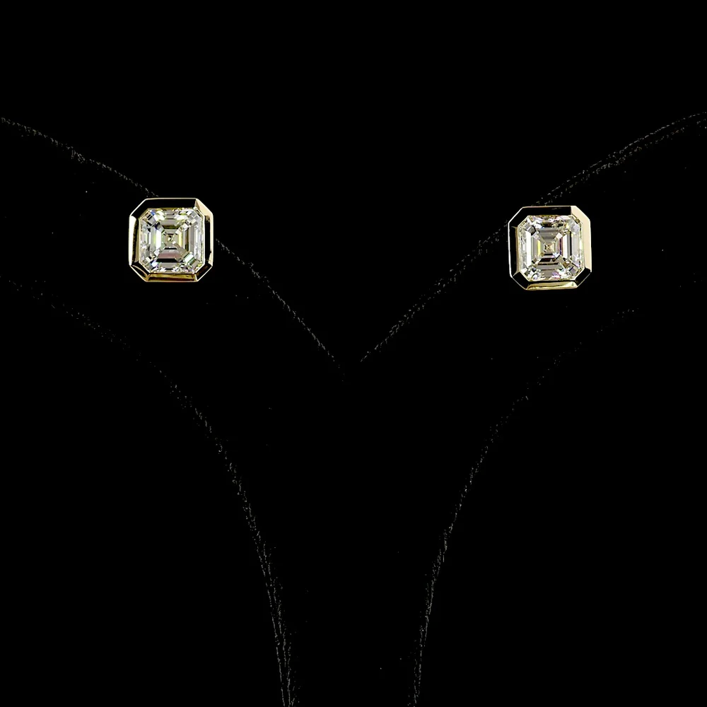 14K Yellow Gold Asscher Cut Lab Diamond Stud Earrings with Bezel Setting - 4.59 Carats Total Diamond Weight - Covaloro Fine Jewelry