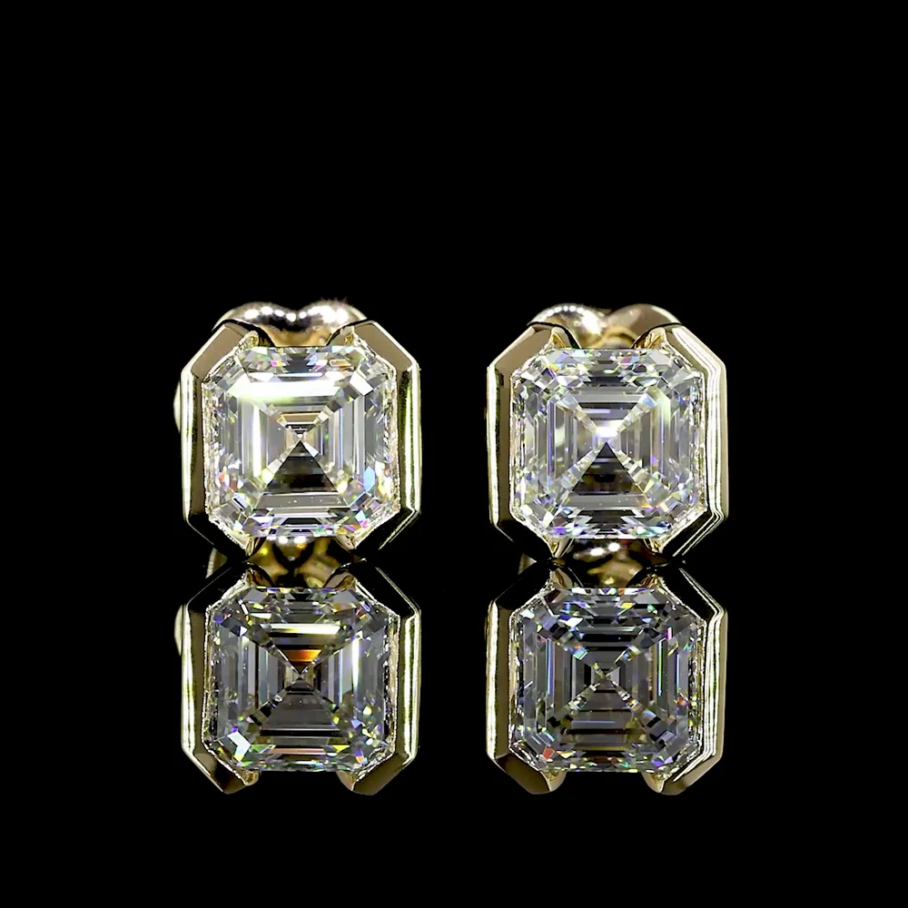 14K Yellow Gold Asscher Cut Lab Diamond Stud Earrings with Half Bezel Setting - 2.05 Carat Total Weight - Covaloro Fine Jewelry