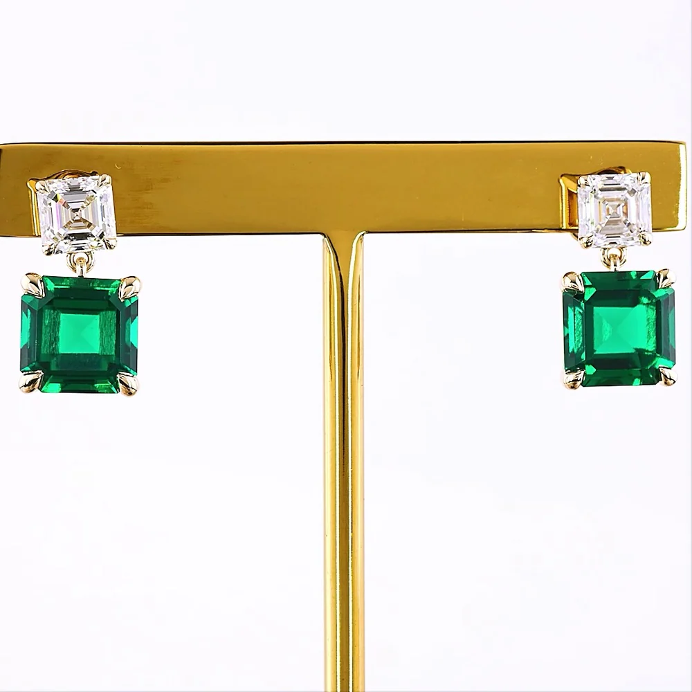 14K Yellow Gold Asscher Cut Lab Emerald and Diamond Drop Earrings - 4.17 Carats Total Emerald Weight, 0.64 Carats Total Diamond Weight - Covaloro Fine Jewelry