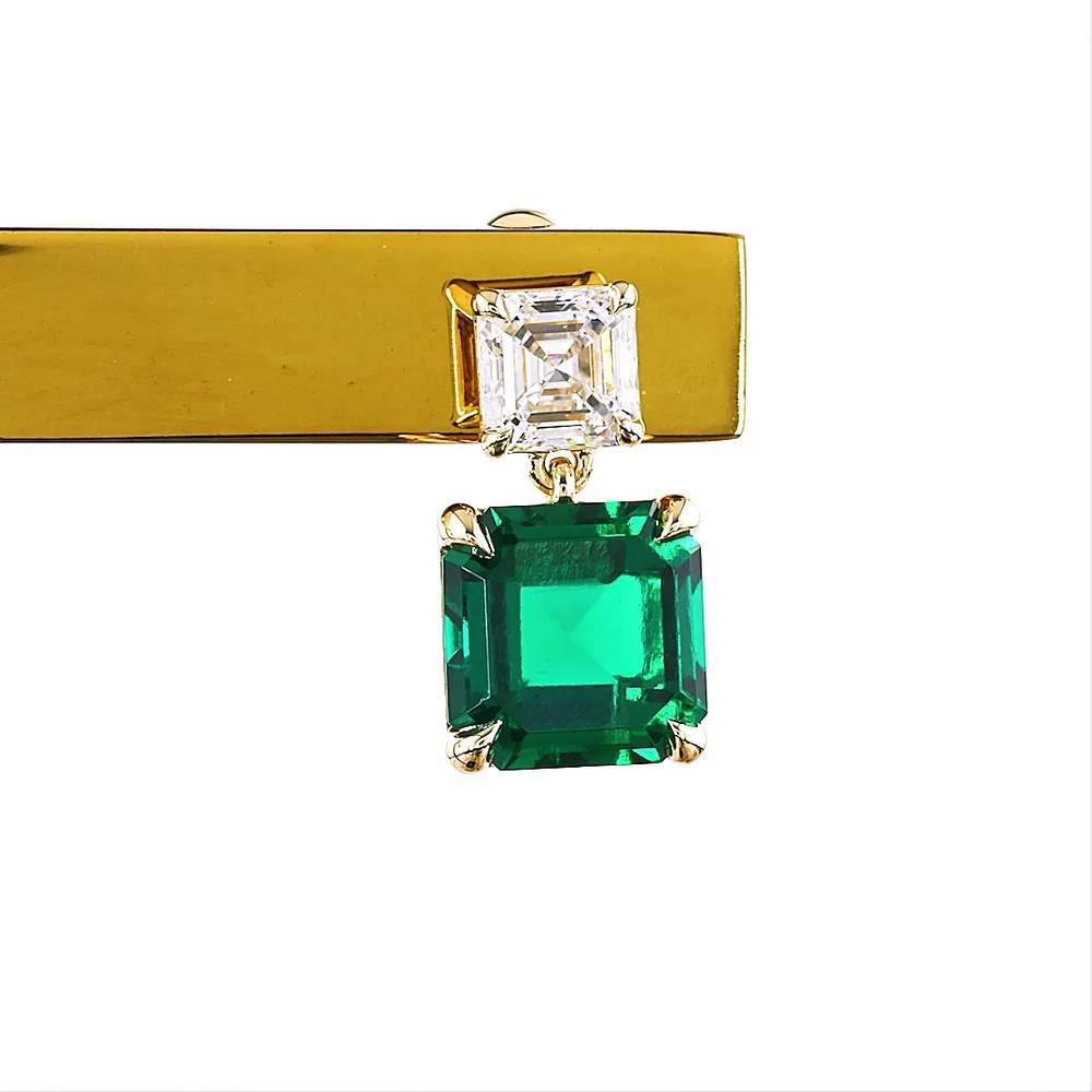 14K Yellow Gold Asscher Cut Lab Emerald and Diamond Drop Earrings - 4.17 Carats Total Emerald Weight, 0.64 Carats Total Diamond Weight - Covaloro Fine Jewelry - Image 2
