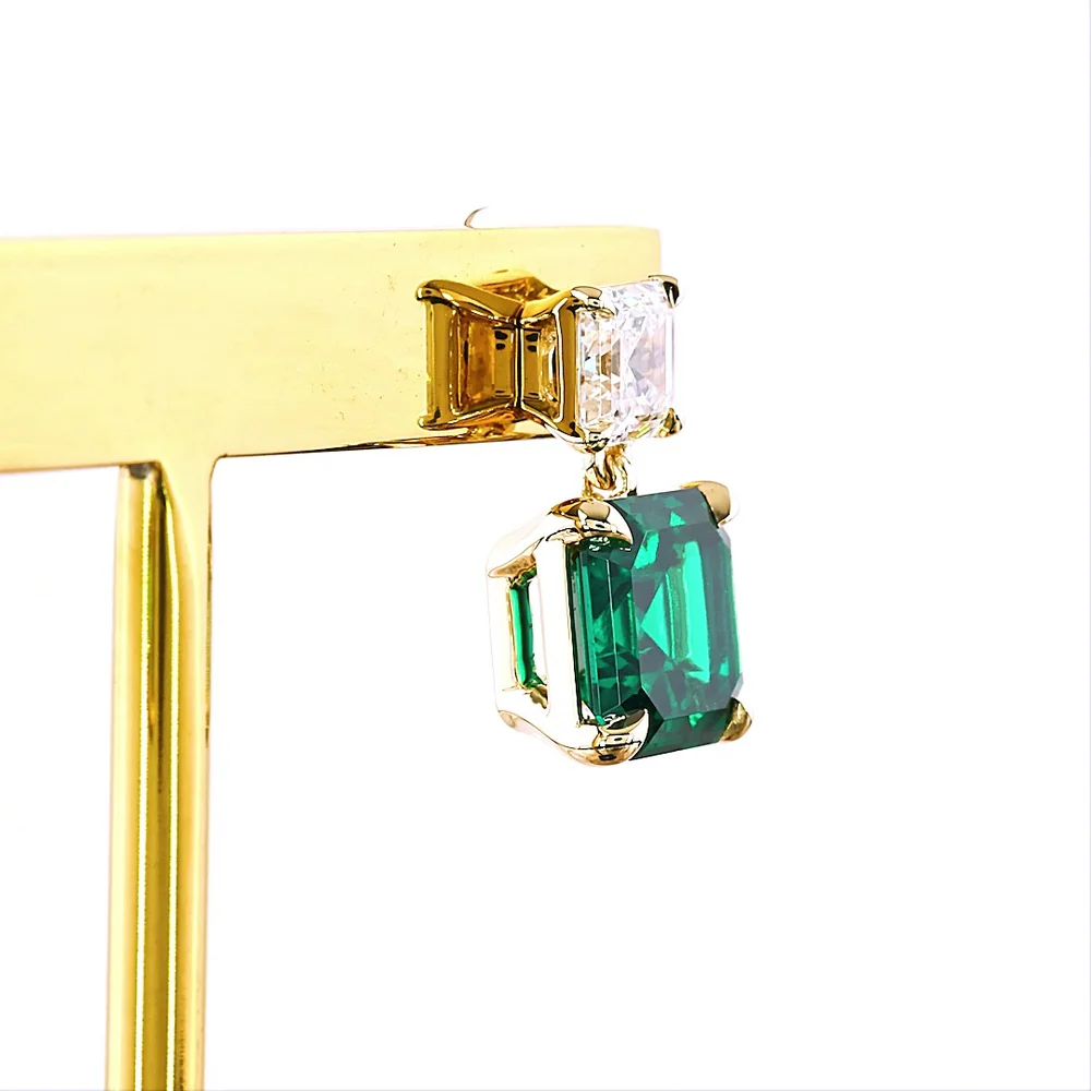 14K Yellow Gold Asscher Cut Lab Emerald and Diamond Drop Earrings - 4.17 Carats Total Emerald Weight, 0.64 Carats Total Diamond Weight - Covaloro Fine Jewelry - Image 3