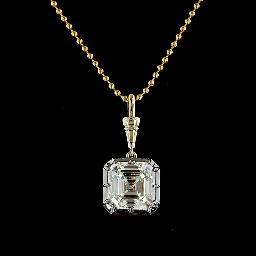 14K Yellow Gold Asscher Cut Solitaire Pendant with Black Rhodium Accents - 5.00 Carat Lab Grown Diamond (E-F Color, VVS2 Clarity, IGI Certified) - Covaloro Fine Jewelry - Image 2