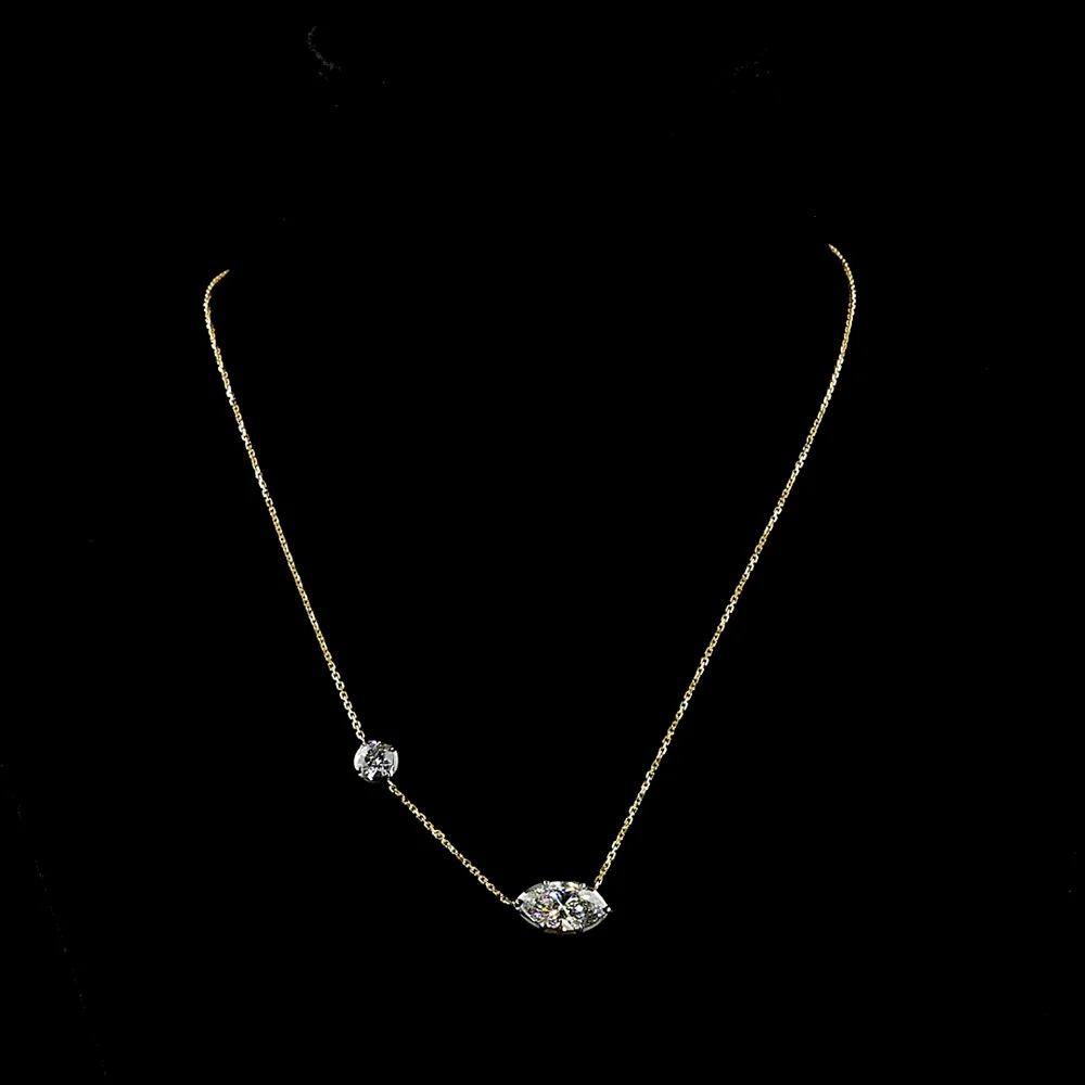 14K Yellow Gold Asymmetric Station Pendant with 2.80 Carats Marquise Cut Lab Diamond (F VVS2) with Black Rhodium Prongs and 0.74 Carats Brilliant Cut Lab Diamond Accent - Covaloro Fine Jewelry
