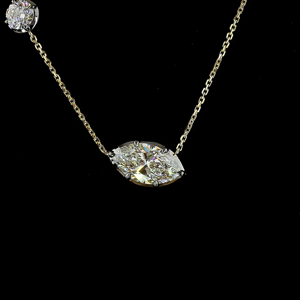 14K Yellow Gold Asymmetric Station Pendant with 2.80 Carats Marquise Cut Lab Diamond (F VVS2) with Black Rhodium Prongs and 0.74 Carats Brilliant Cut Lab Diamond Accent - Covaloro Fine Jewelry - Image 2