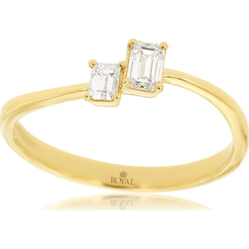 14K Yellow Gold Asymmetric Two-Stone Ring with Emerald Cut Diamonds - 0.30 Carat Total Diamond Weight - Royal Jewelry