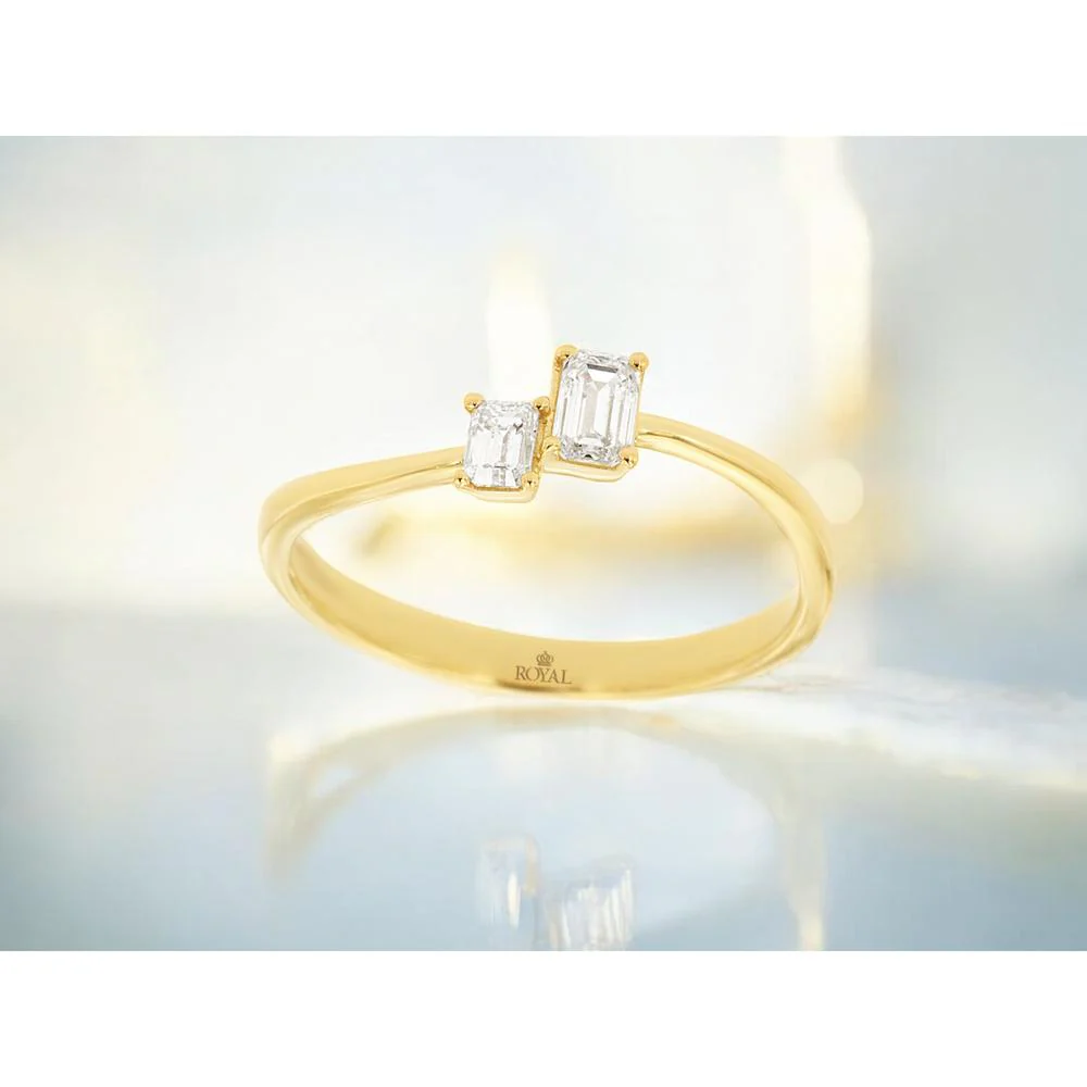 14K Yellow Gold Asymmetric Two-Stone Ring with Emerald Cut Diamonds - 0.30 Carat Total Diamond Weight - Royal Jewelry - Image 2