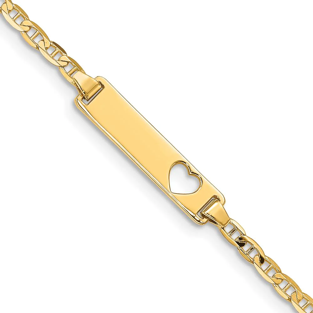 14K Yellow Gold Baby/Child ID Bracelet with Cut-Out Heart Charm and Polished Anchor Link Chain - 5.5" Length by Oro Pregiato