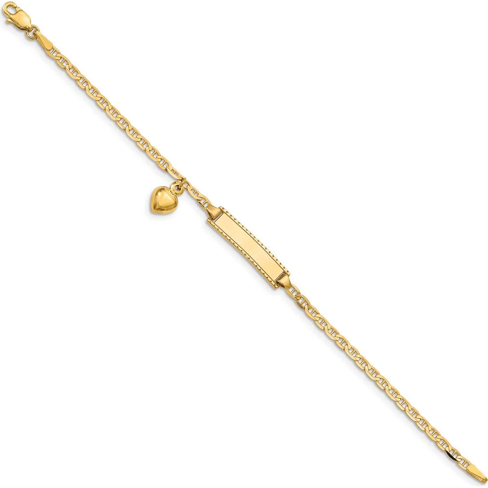 14K Yellow Gold Baby/Child ID Bracelet with Heart Charm and Polished Solid Anchor Link Chain - 6" Length by Oro Pregiato - Image 2