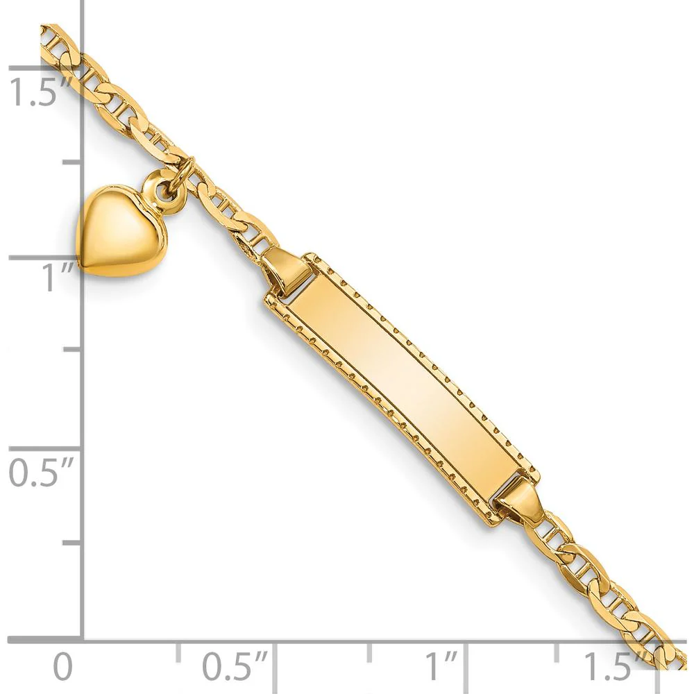 14K Yellow Gold Baby/Child ID Bracelet with Heart Charm and Polished Solid Anchor Link Chain - 6" Length by Oro Pregiato - Image 3