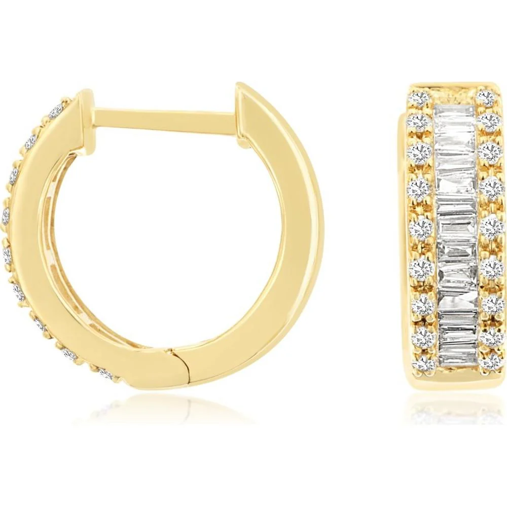 14K Yellow Gold Baguette and Round Diamond Huggie Hoop Earrings - 0.40 Carat Total Diamond Weight - Royal Jewelry