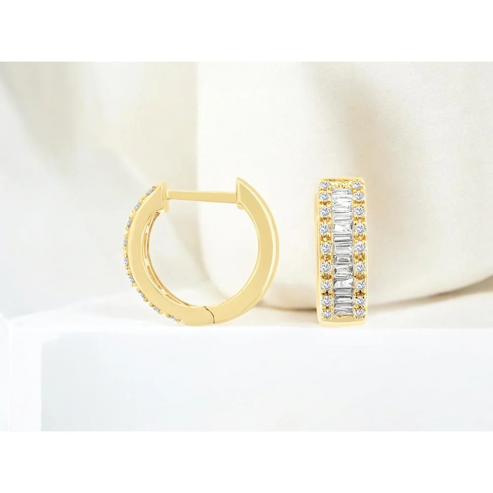 14K Yellow Gold Baguette and Round Diamond Huggie Hoop Earrings - 0.40 Carat Total Diamond Weight - Royal Jewelry - Image 2