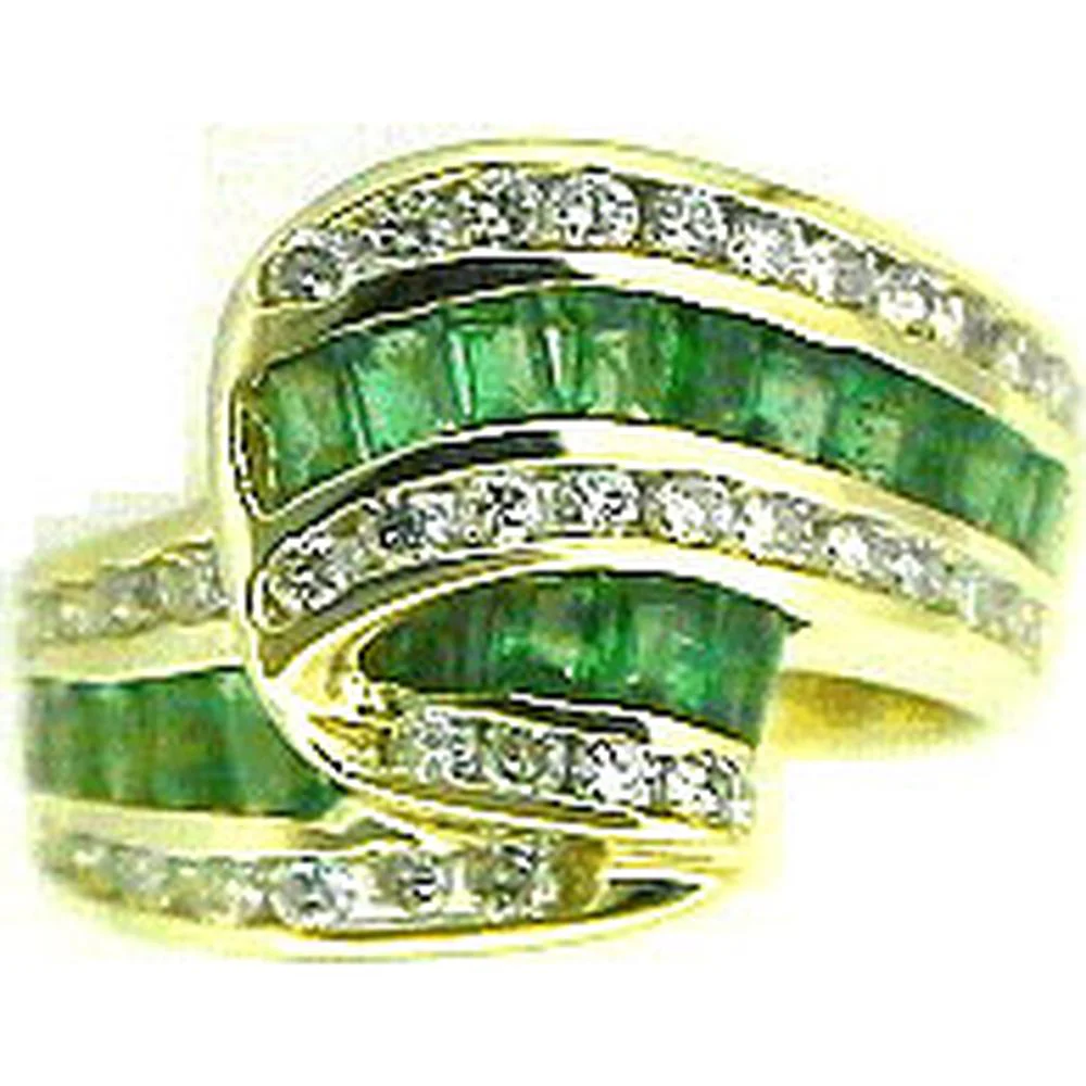 14K Yellow Gold Baguette Emerald and Round Diamond Statement Ring - 1.65 Carat Total Emerald Weight and 0.70 Carat Total Diamond Weight - Royal Jewelry