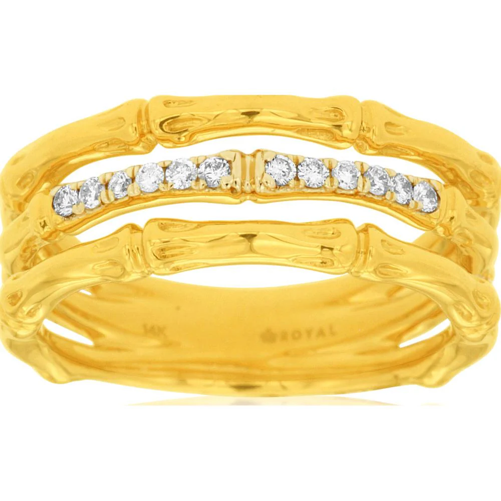 14K Yellow Gold Bamboo Style Band Ring with Round Diamonds - 0.12 Carat Total Diamond Weight - Royal Jewelry