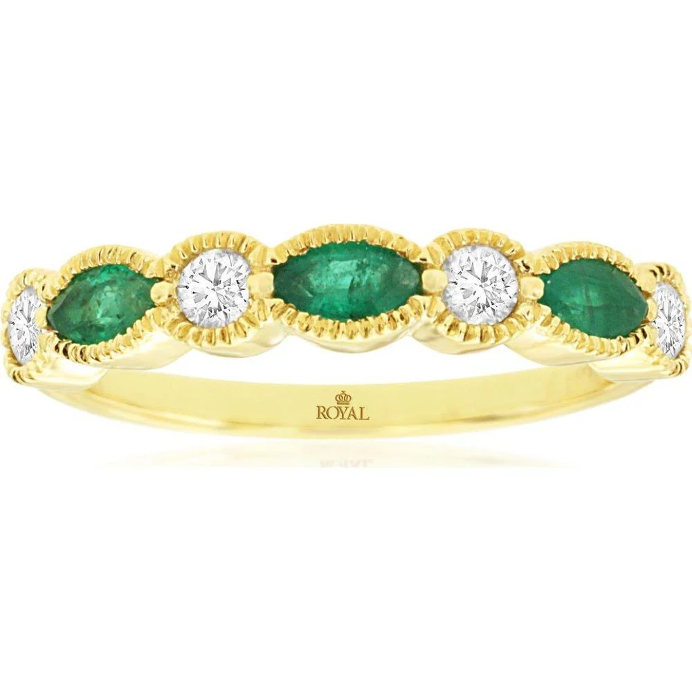 14K Yellow Gold Band Ring with Alternating Marquise Emeralds and Round Diamonds - 0.40 Carat Emerald Total Weight and 0.24 Carat Total Diamond Weight - Royal Jewelry