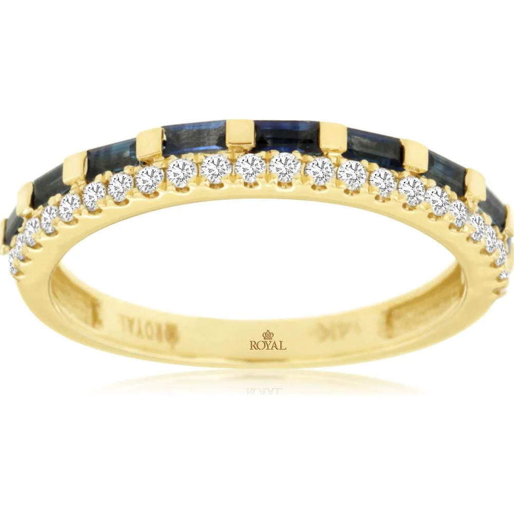 14K Yellow Gold Band Ring with Blue Sapphires and Round Diamond Accents - 0.46 Carat Total Sapphire Weight and 0.21 Carat Total Diamond Weight - Royal Jewelry