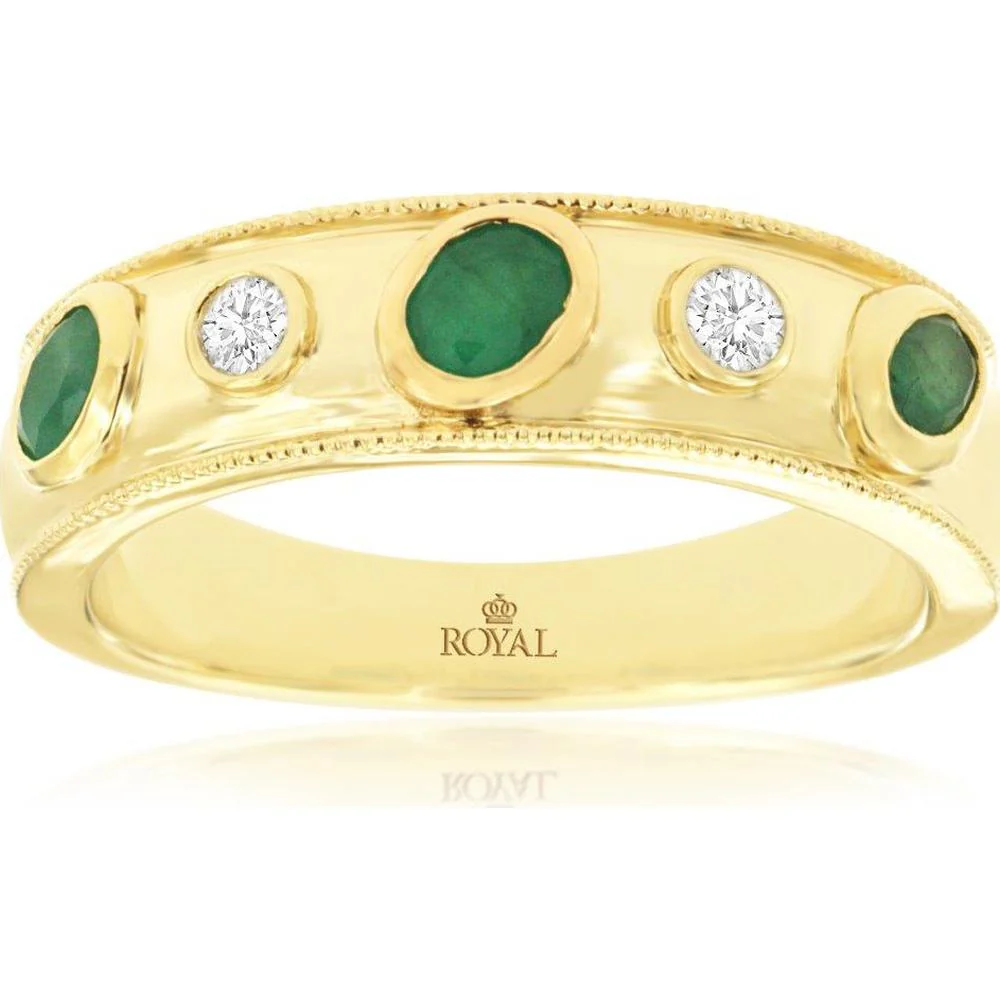 14K Yellow Gold Band Ring with Oval Emeralds and Round Diamonds - 0.40 Carat Total Emerald Weight and 0.10 Carat Total Diamond Weight - Royal Jewelry