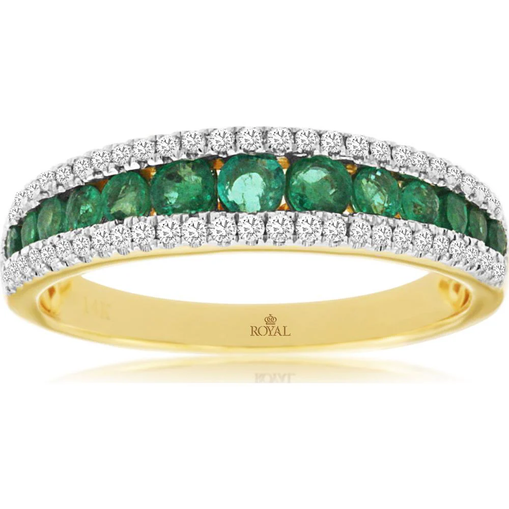 14K Yellow Gold Band Ring with Round Emeralds and Diamond Accents - 0.55 Carat Total Emerald Weight & 0.22 Carat Total Diamond Weight - Royal Jewelry