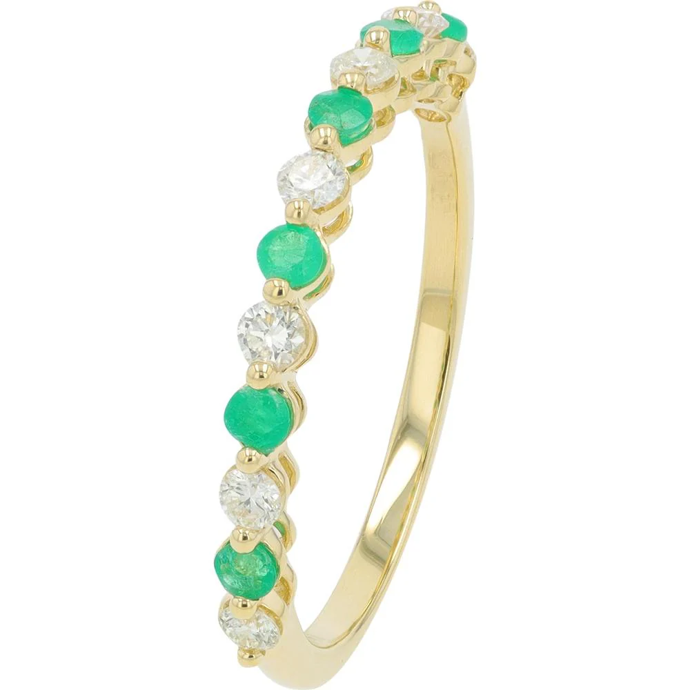 14K Yellow Gold Band with Alternating Round Emeralds and Diamonds - 0.22 Carat Emeralds, 0.25 Carat Diamonds