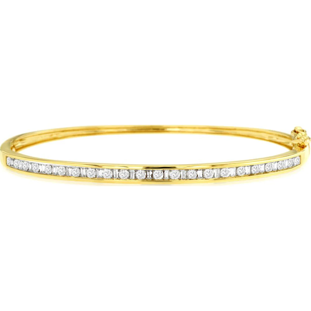 14K Yellow Gold Bangle Bracelet with Channel Set Round Diamonds - 1.00 Carat Total Diamond Weight - Royal Jewelry