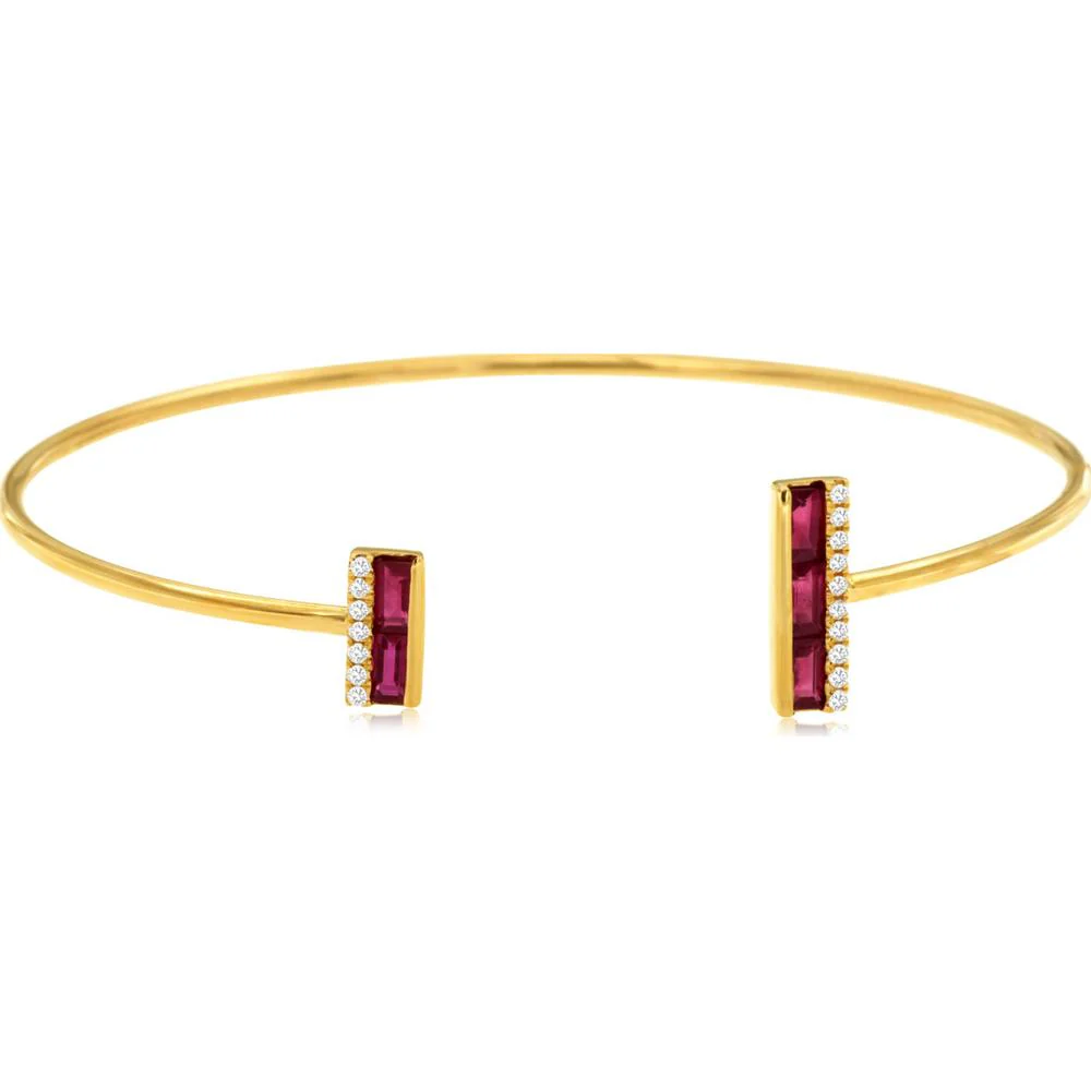 14K Yellow Gold Bangle with Baguette Rubies and Diamond Accents - 0.70 Carat Ruby Weight and 0.10 Carat Diamond Weight - Royal Jewelry