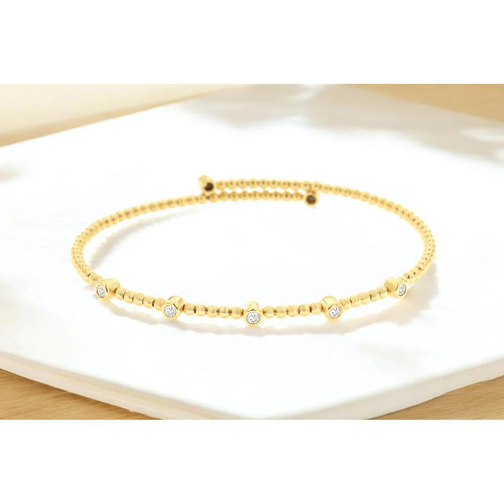 14K Yellow Gold Beaded Bangle Bracelet with Round Diamond Stations - 0.22 Carat Total Diamond Weight - Royal Jewelry - Image 2