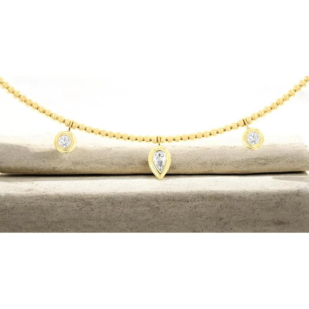 14K Yellow Gold Beaded Station Necklace with Pear-Shaped and Round Bezel-Set Diamonds - 0.45 Carat Center Diamond Weight - Royal Jewelry - Image 2