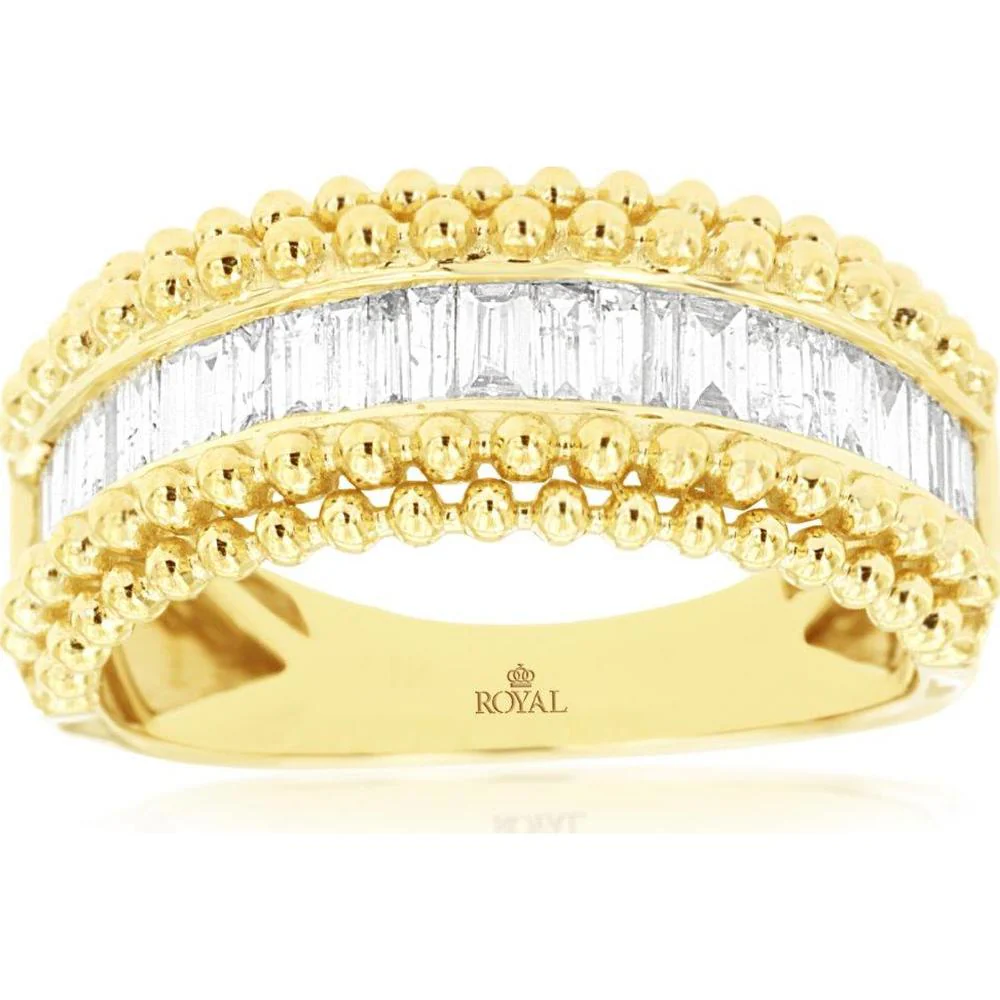 14K Yellow Gold Beaded Wedding Band with Baguette Diamonds - 0.44 Carat Total Diamond Weight - Royal Jewelry