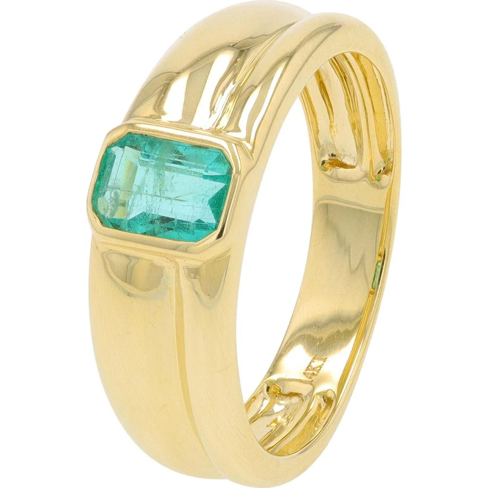 14K Yellow Gold Bezel Band Ring with 0.60 Carat Emerald - Polished Emerald Cut Gemstone