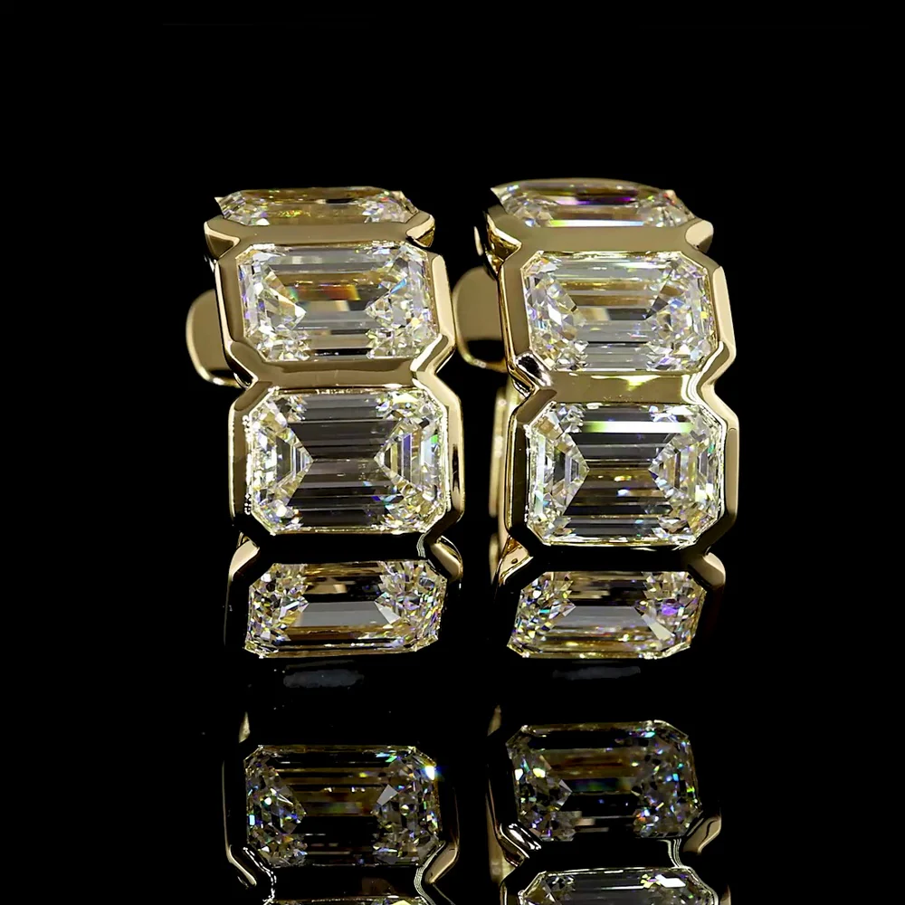 14K Yellow Gold Bezel Set Emerald Cut Lab Diamond Huggie Earrings - 5.04 Carats Total Diamond Weight - Covaloro Fine Jewelry