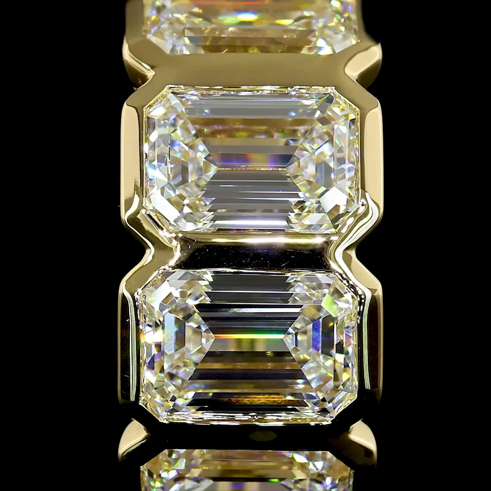14K Yellow Gold Bezel Set Emerald Cut Lab Diamond Huggie Earrings - 5.04 Carats Total Diamond Weight - Covaloro Fine Jewelry - Image 2