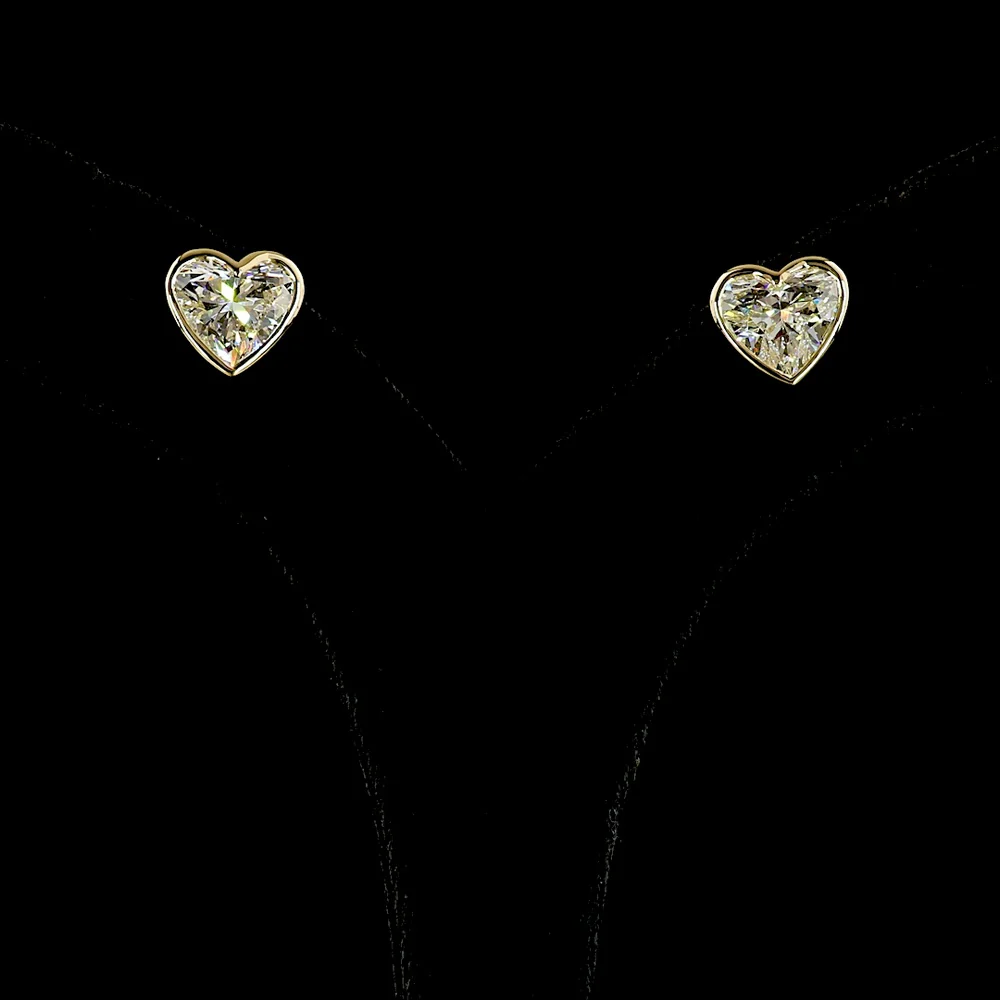 14K Yellow Gold Bezel Set Heart Shape Lab Diamond Stud Earrings - 5.06 Carat Total Weight, E-F VS1 Clarity - Covaloro Fine Jewelry