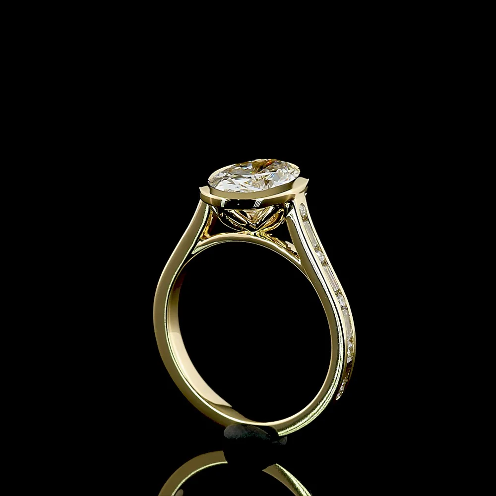 14K Yellow Gold Bezel Set Oval Cut Lab Diamond Solitaire Ring with Baguette and Round Diamond Shank - 3.43 Carat Total Diamond Weight - Covaloro Fine Jewelry - Image 3