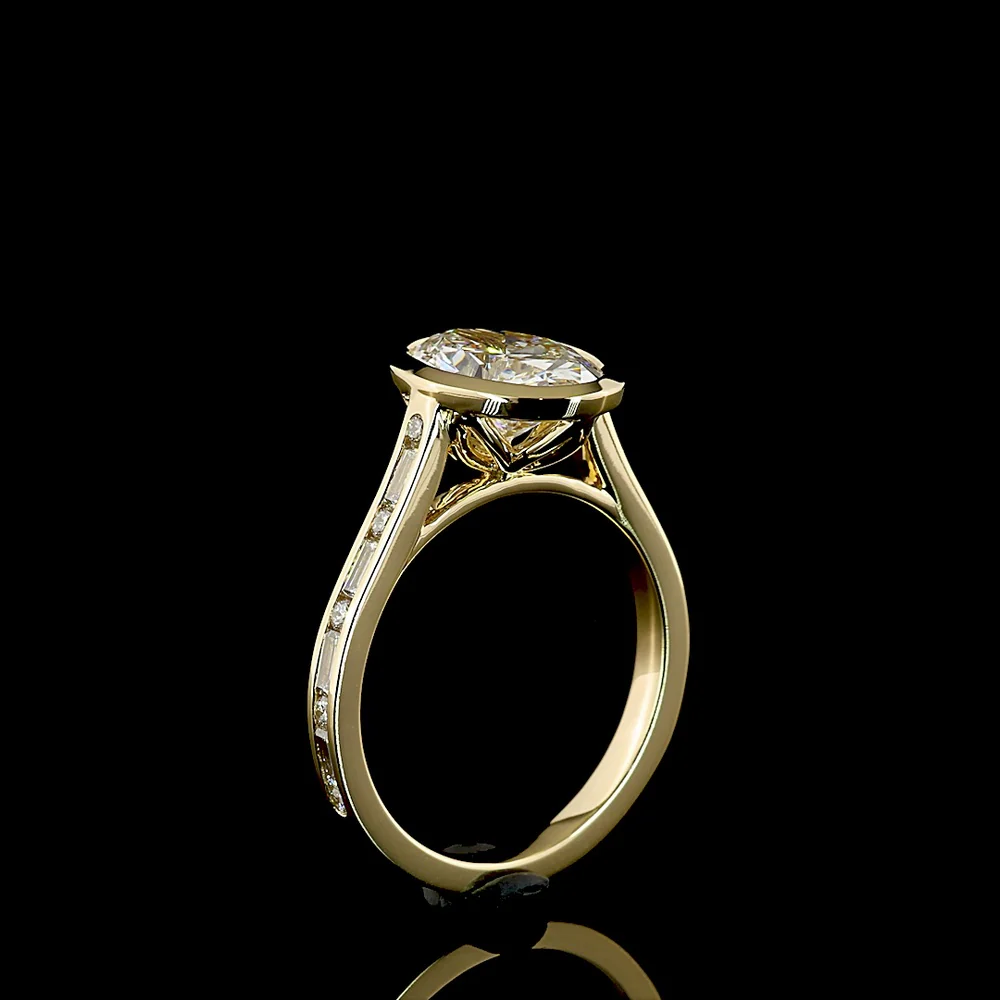 14K Yellow Gold Bezel Set Oval Cut Lab Diamond Solitaire Ring with Baguette and Round Diamond Shank - 3.43 Carat Total Diamond Weight - Covaloro Fine Jewelry - Image 4