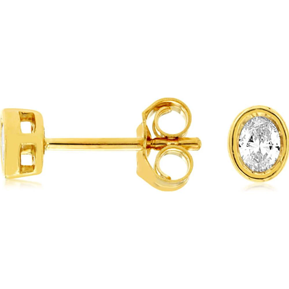 14K Yellow Gold Bezel Set Oval Diamond Stud Earrings - 0.19 Carat Total Diamond Weight - Royal Jewelry