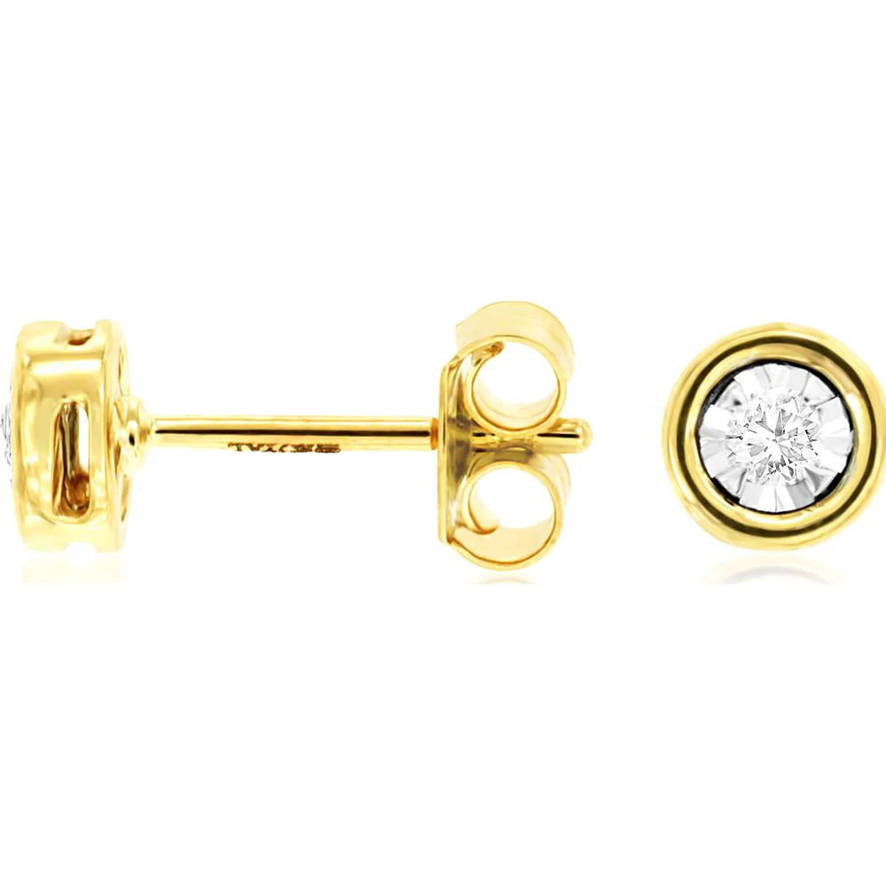 14K Yellow Gold Bezel Set Round Diamond Stud Earrings - 0.10 Carats Total Diamond Weight - Royal Jewelry