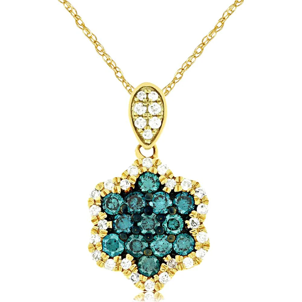 14K Yellow Gold Blue Diamond & White Diamond Pendant - 0.58 Carats Total Diamond Weight - Royal Jewelry