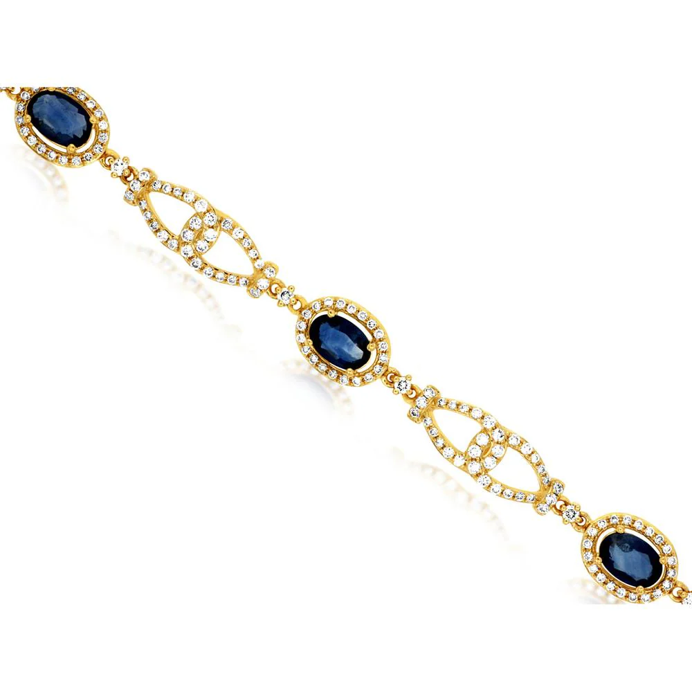 14K Yellow Gold Blue Sapphire & Diamond Halo Station Bracelet - 3.95 Carat Total Sapphire Weight & 1.44 Carat Total Diamond Weight - Royal Jewelry
