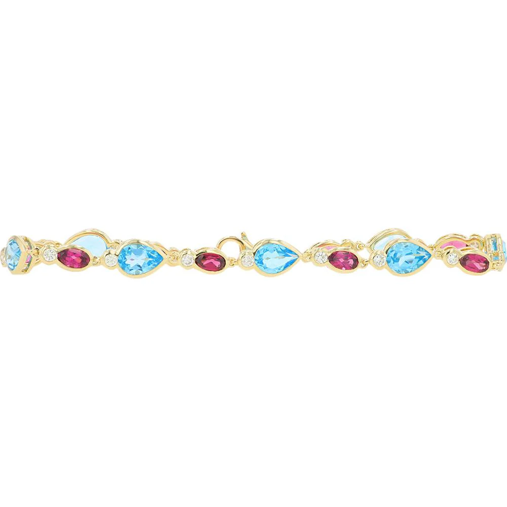 14K Yellow Gold Blue Topaz & Rhodolite Bracelet with Round Diamond Accents - 7.50 Carat Total Color Weight, 0.50 Carat Total Diamond Weight
