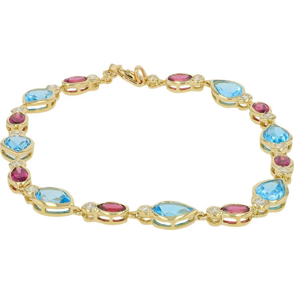14K Yellow Gold Blue Topaz & Rhodolite Bracelet with Round Diamond Accents - 7.50 Carat Total Color Weight, 0.50 Carat Total Diamond Weight - Image 2