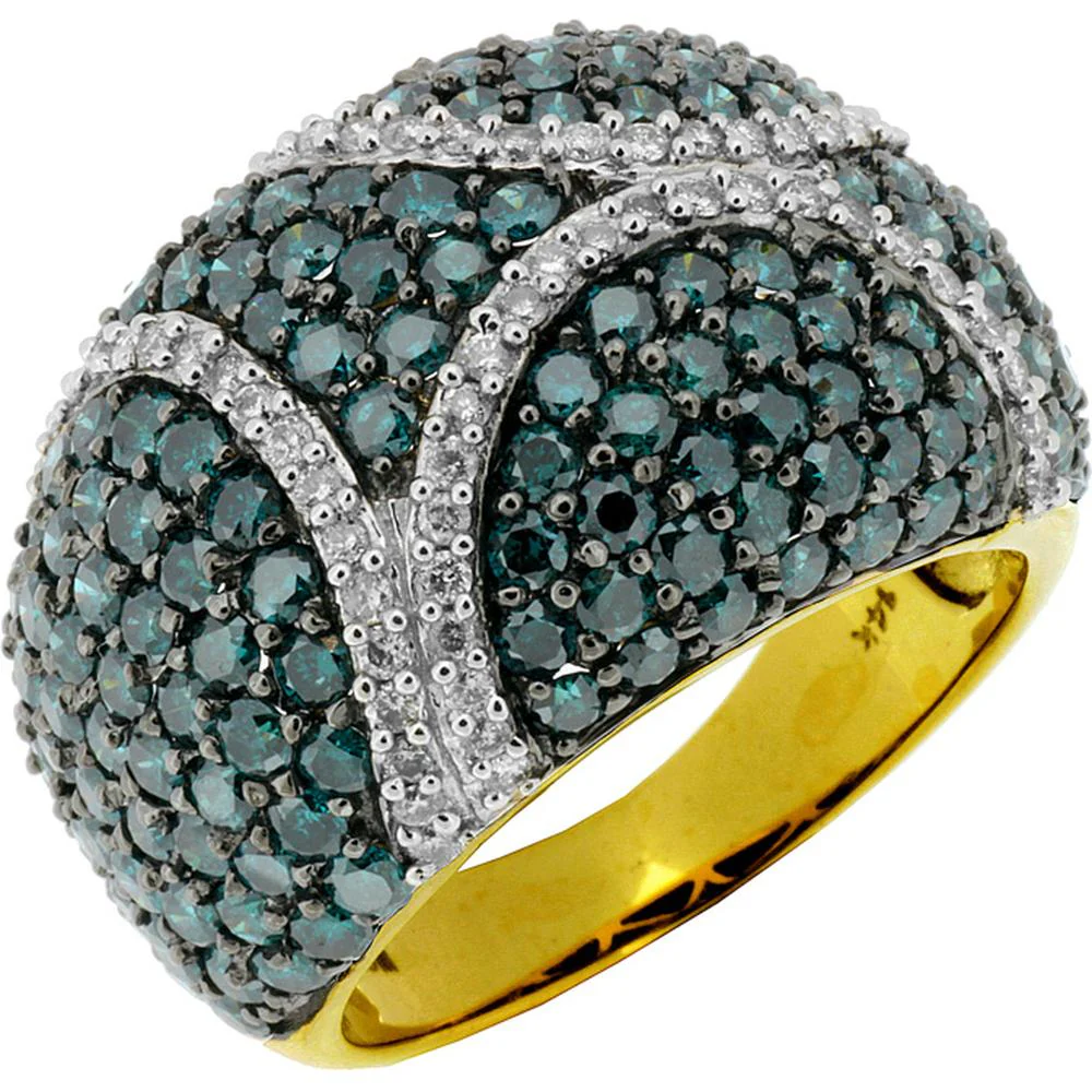 14K Yellow Gold Bold Dome Ring with Pavé Set Round Blue Diamonds (3.60ct) and White Diamond Accents (0.37ct) - Royal Jewelry