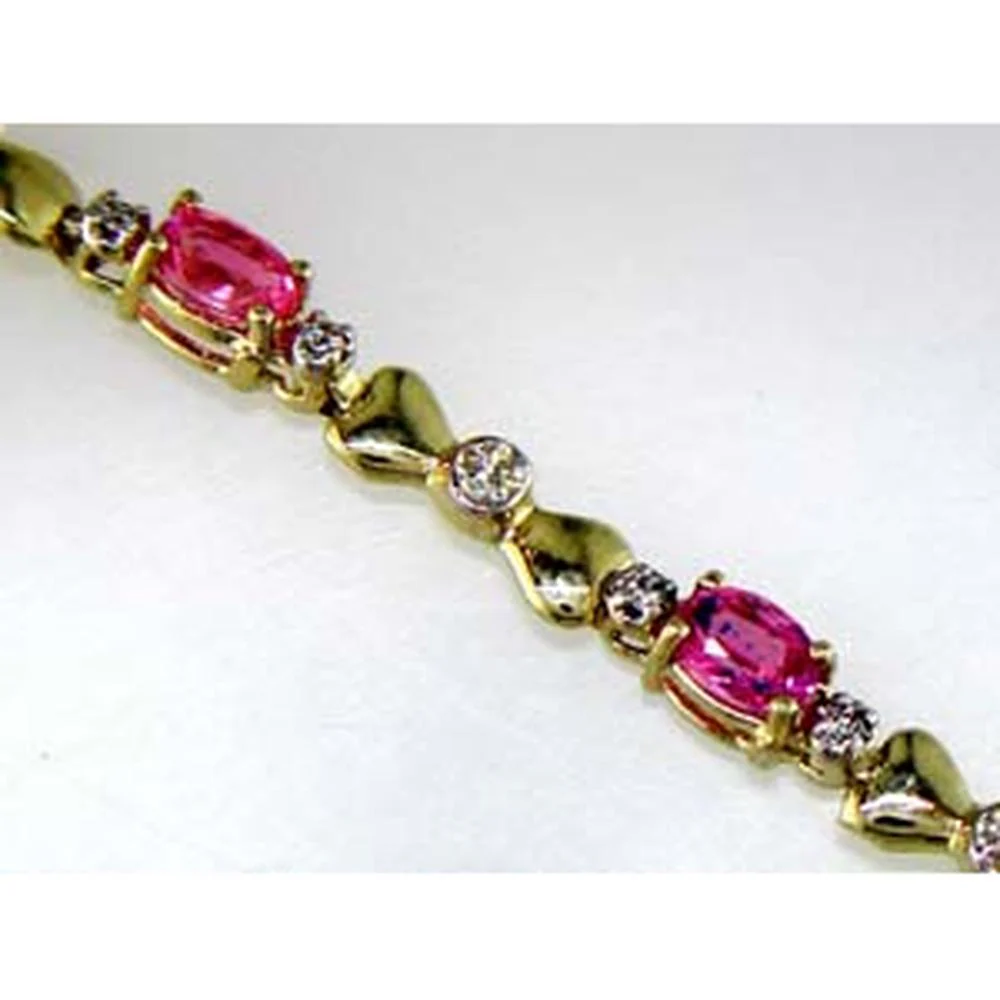 14K Yellow Gold Bracelet with Oval Pink Sapphires and Round Diamonds - 2.50 Carat Pink Sapphire Weight and 0.10 Carat Total Diamond Weight - Royal Jewelry