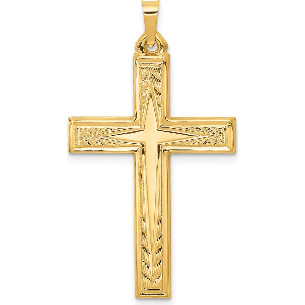 14K Yellow Gold Brushed and Polished Latin Cross Pendant - 39.3mm Length by Oro Pregiato