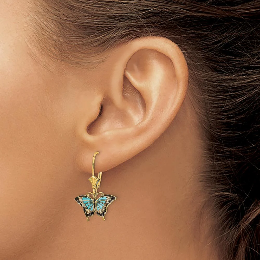 14K Yellow Gold Butterfly Leverback Earrings with Aqua and Multi-Color Enamel Wings by Oro Pregiato - Image 3